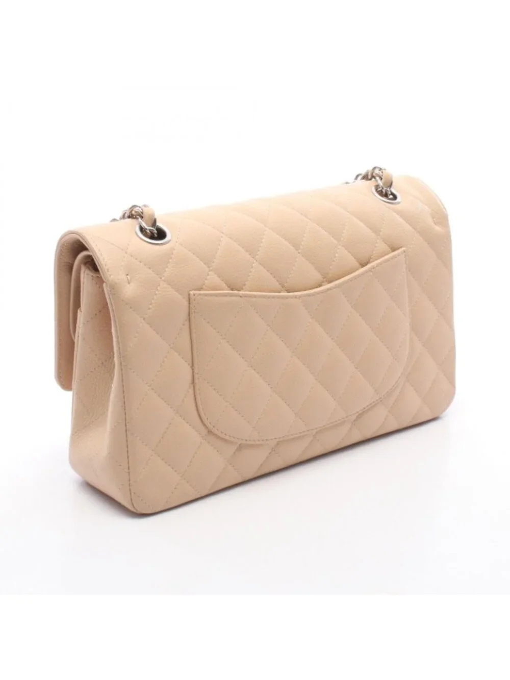 Chanel Shoulder Bag Quilted Double Flap Beige Caviar Leather Chain